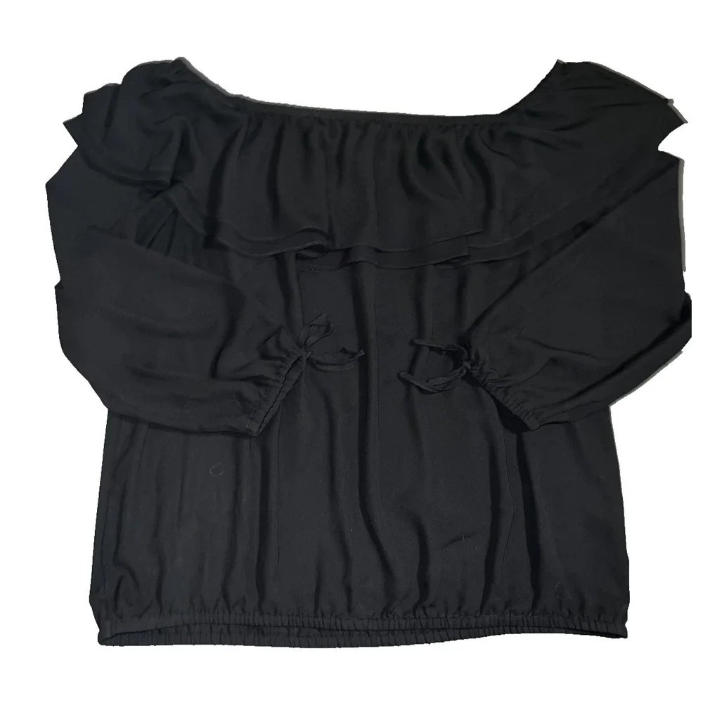 Michael Kors Black Off the Shoulder Ruffle Blouse Long Sleeve Elastic Hem Top 1X